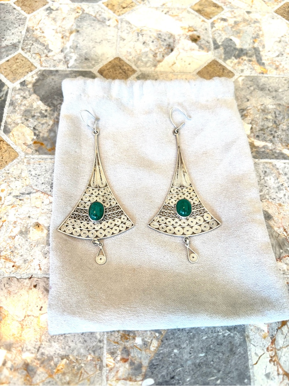 Vintage Middle Eastern Silver Filigree Earrings Green Stone Artisan Handmade